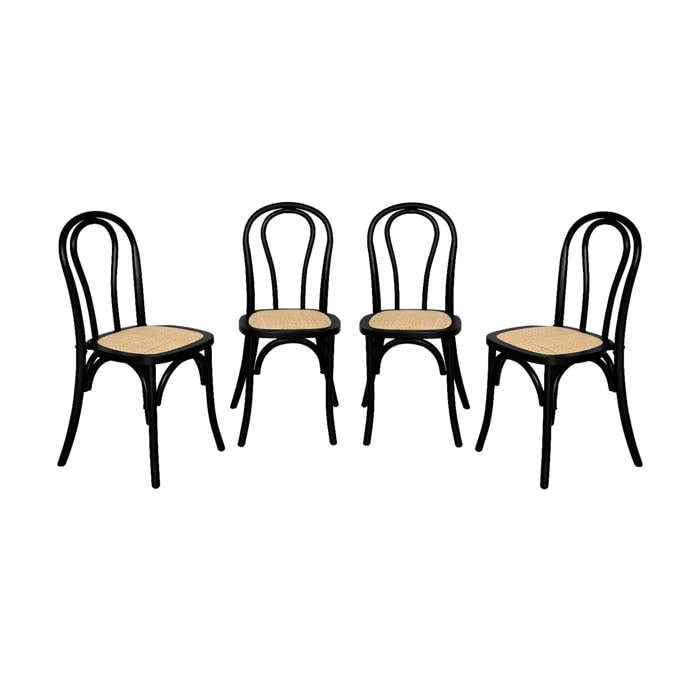 Lot de 4 chaises vintage en bois avec assise en rotin et dossier arrondi. coloris noir. L 48 x P 49.5 x H 90cm