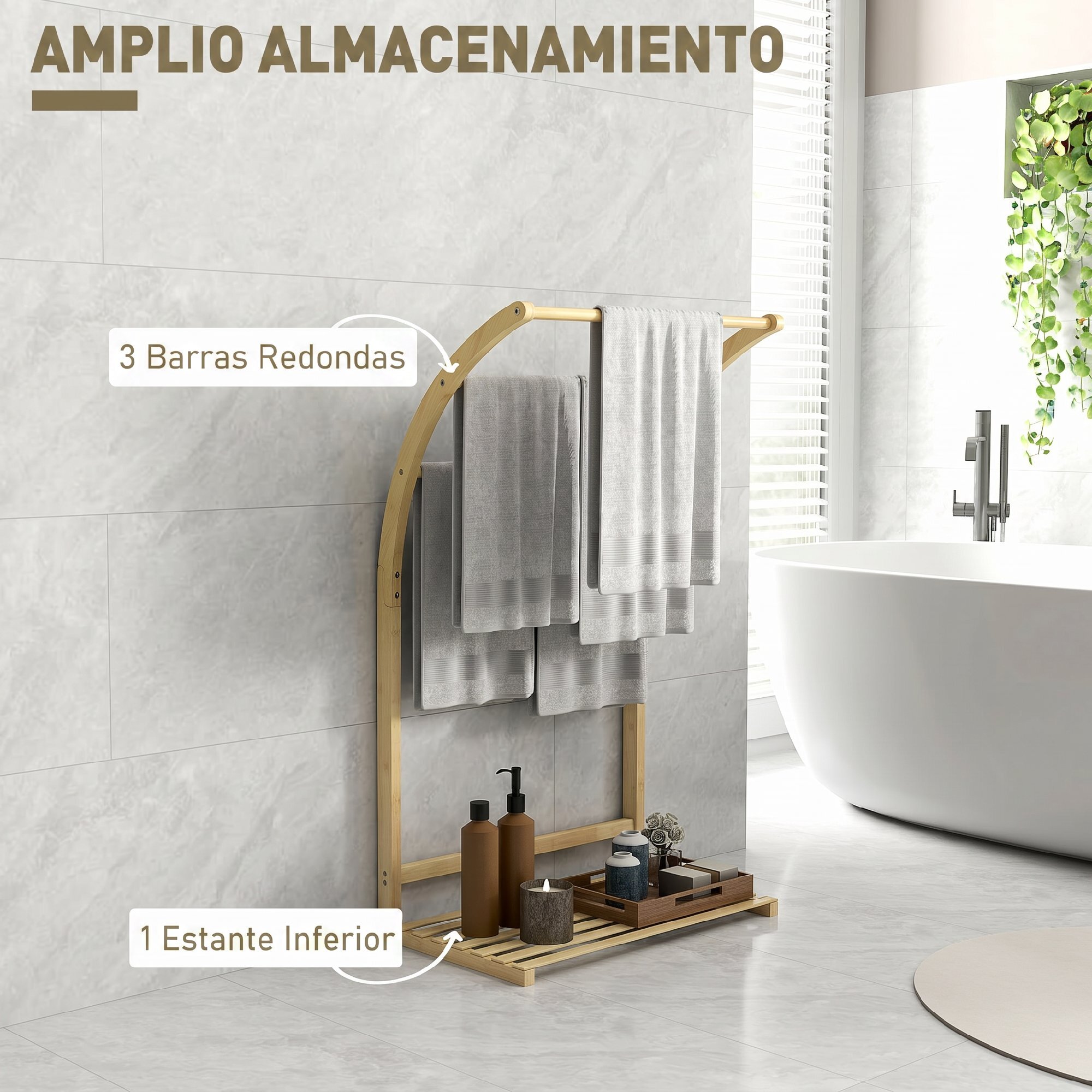 Toallero de Pie de Bambú, Soporte de Toallas de Baño con 3 Barras y Estante de Almacenamiento, para Baño y Lavandería, 50x29x84 cm, Natural