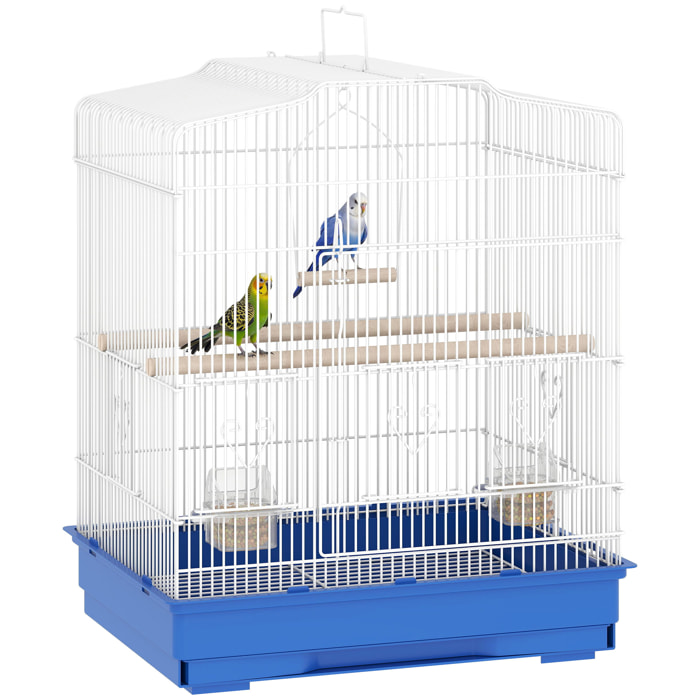Jaula para Pájaros, Jaula de Acero para Pájaros con Puertas, 2 Comederos, 2 Perchas, Columpio, Bandeja Extraíble y Asa de Transporte, para Loro, Canario, Periquito, 46,5x36x59 cm, Azul