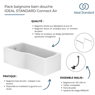 Baignoire bain douche 150 x 80 cm droite Connect Air + tablier + pieds + vidage Noir mat