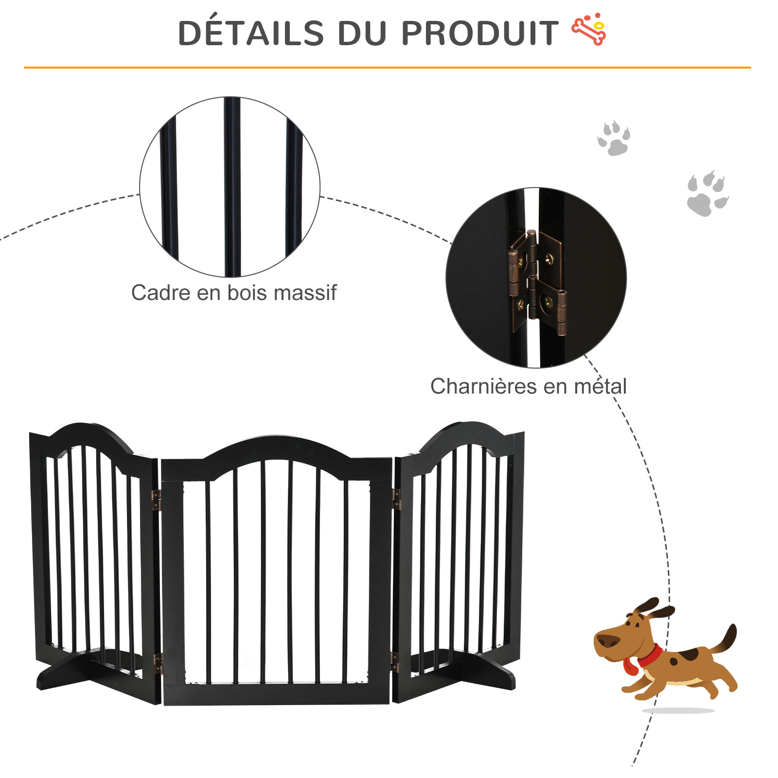 Barrière de sécurité barrière modulable pliable pour animaux de compagnie - piètement support - dim. 154,5L x 61H cm - MDF bois noir