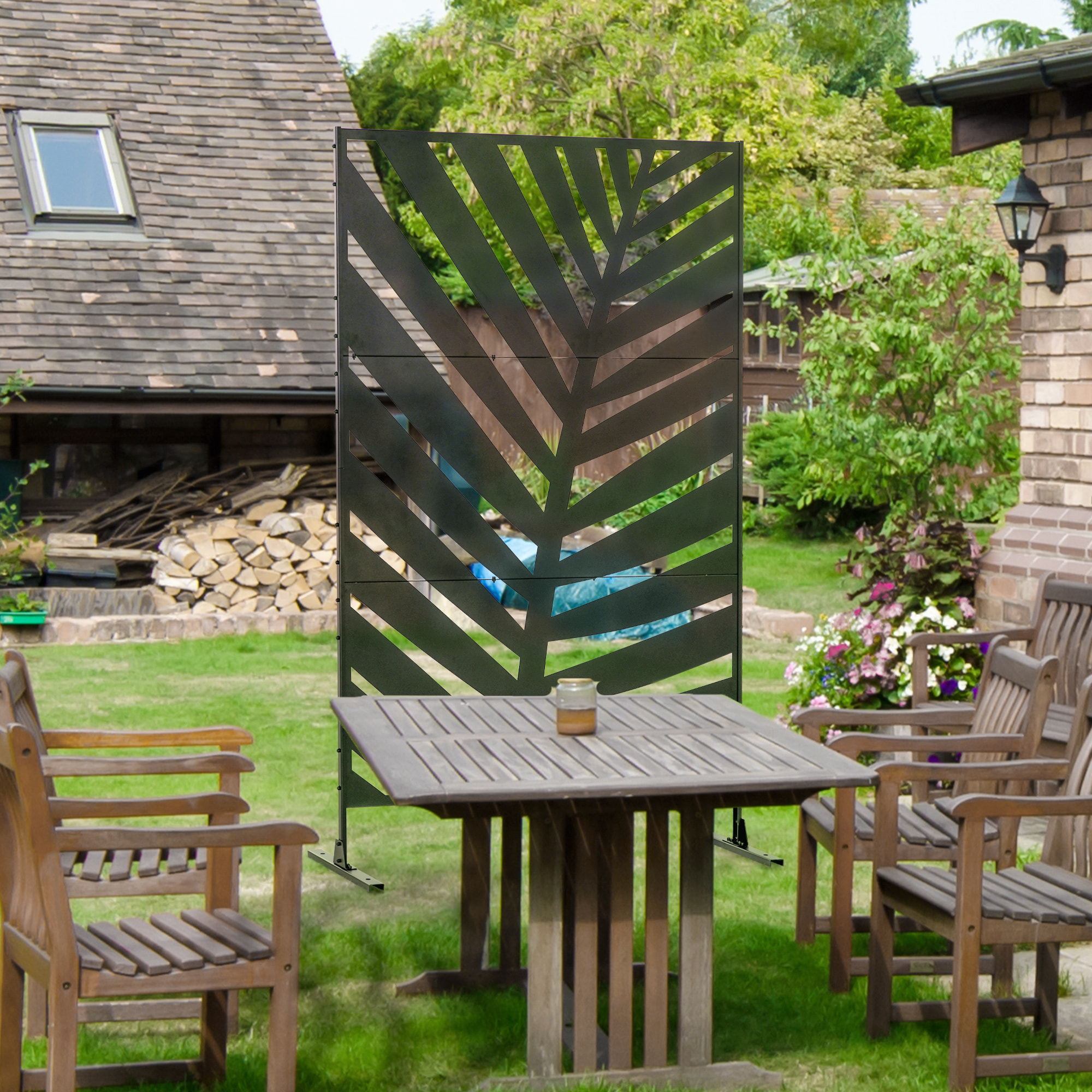 Panneau décoratif extérieur métal - brise vue motif feuilles - visserie incluse - dim. 122L x 45l x 198H cm - acier thermolaqué noir