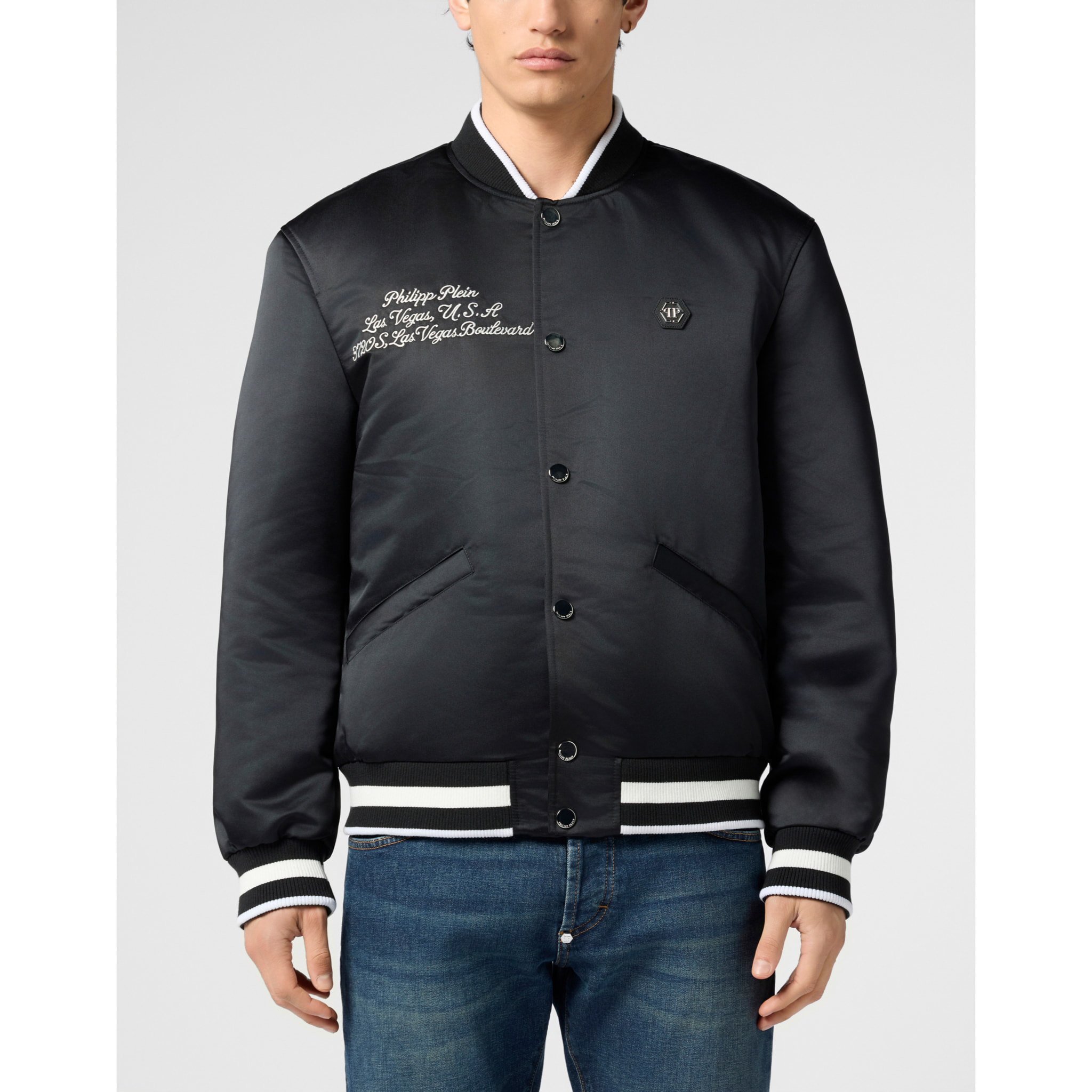 PHILIPP PLEIN Shiny Satin Varsity Bomber Signature Las Vegas