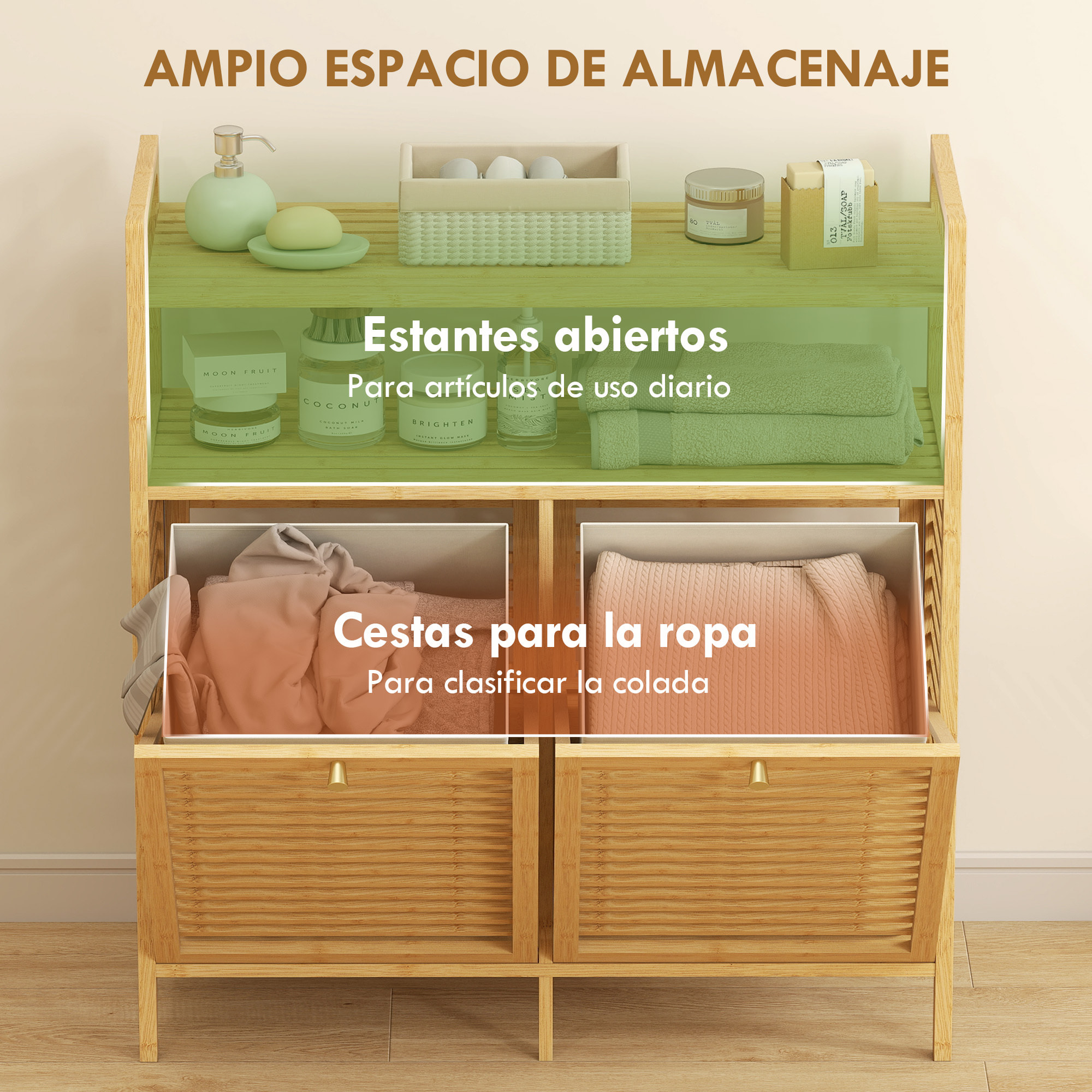Mueble de Baño con Cesto Ropa Sucia, Mueble Ropa Sucia de Bambú, 2 Bolsas de Ropa Extraíbles y Lavables con Asa, 2 Estantes Abiertos, para Lavadero, 82x33x88 cm Natural y Crema