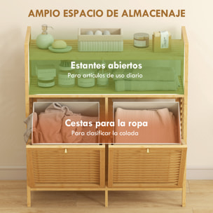 Mueble de Baño con Cesto Ropa Sucia, Mueble Ropa Sucia de Bambú, 2 Bolsas de Ropa Extraíbles y Lavables con Asa, 2 Estantes Abiertos, para Lavadero, 82x33x88 cm Natural y Crema
