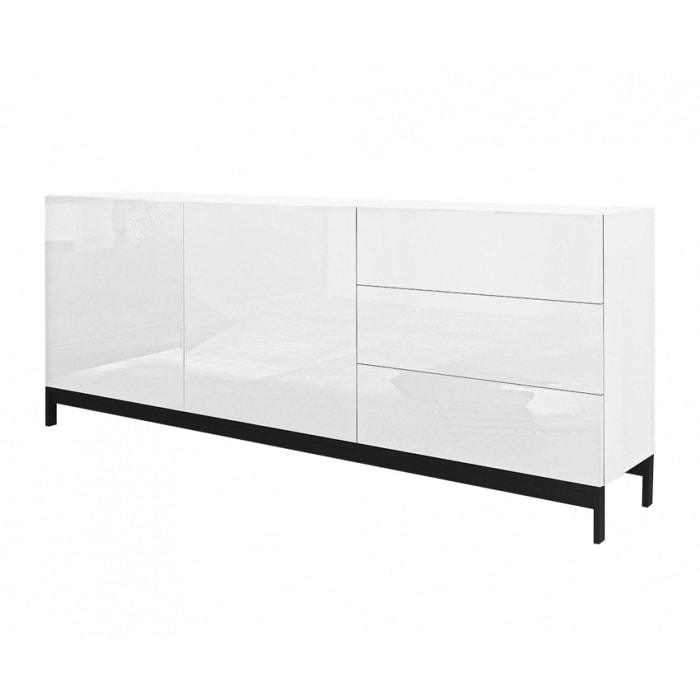 Credenza moderna a 2 ante e 3 cassetti, Made in Italy, Madia da cucina rialzata, Buffet di design da soggiorno, cm 170x40h47, colore Bianco lucido