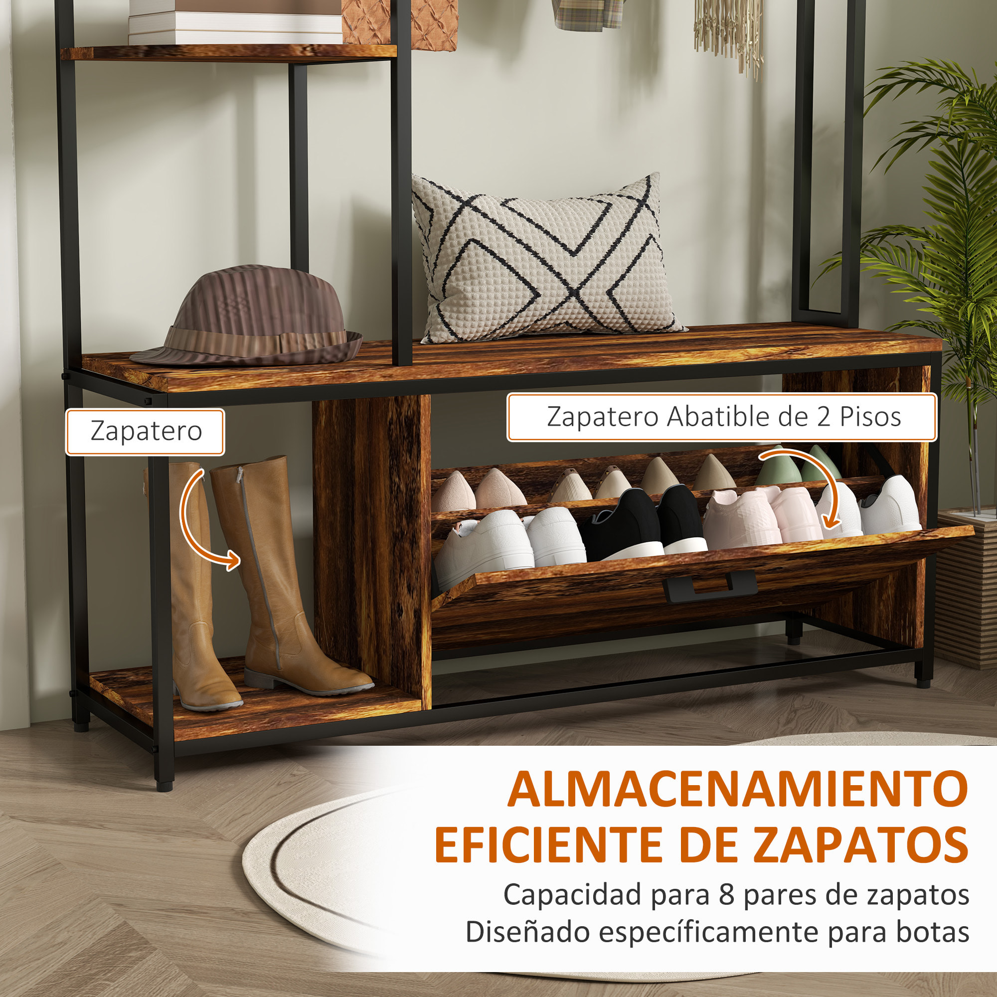 Perchero Zapatero Perchero Entrada Recibidor 4 en 1 con Banco Zapatero de 2 Pisos Estantes Ganchos Compartimento y Sistema Anti-vuelco para Pasillo Dormitorio 120x35x180 cm Marrón Oscuro