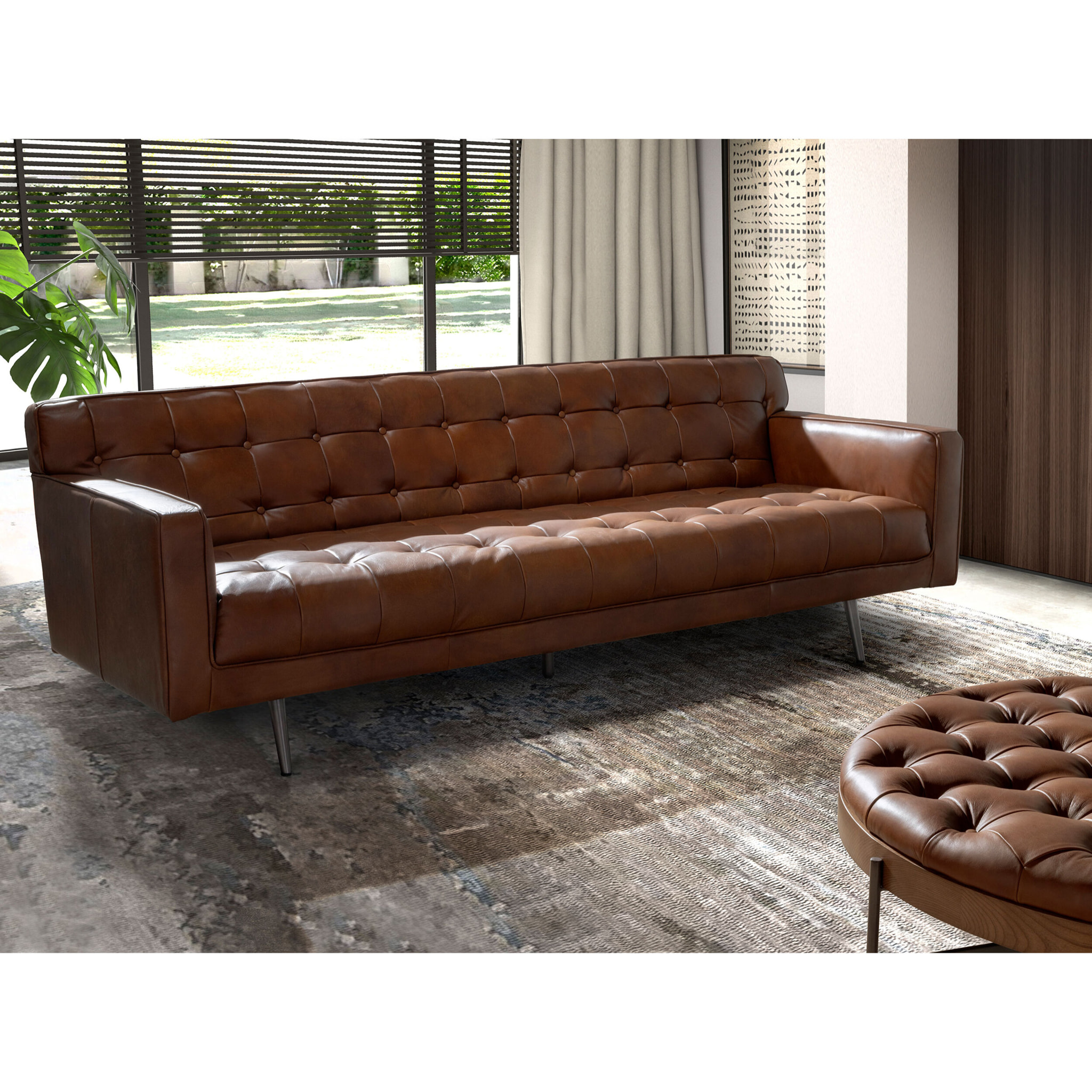 Sofá Chester de 3 plazas tapizado en piel de origen vacuno en marrón oscuro patas de acero inoxidable oscurecido 212x79x70cm