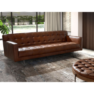 Sofá Chester de 3 plazas tapizado en piel de origen vacuno en marrón oscuro patas de acero inoxidable oscurecido 212x79x70cm