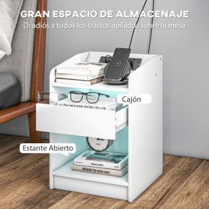 Mesita de Noche Mesilla de Noche con Luces LED Mesa de Noche con Cajón Estante Estación de Carga Puertos USB y Control Remoto 40x40x58 cm Blanco
