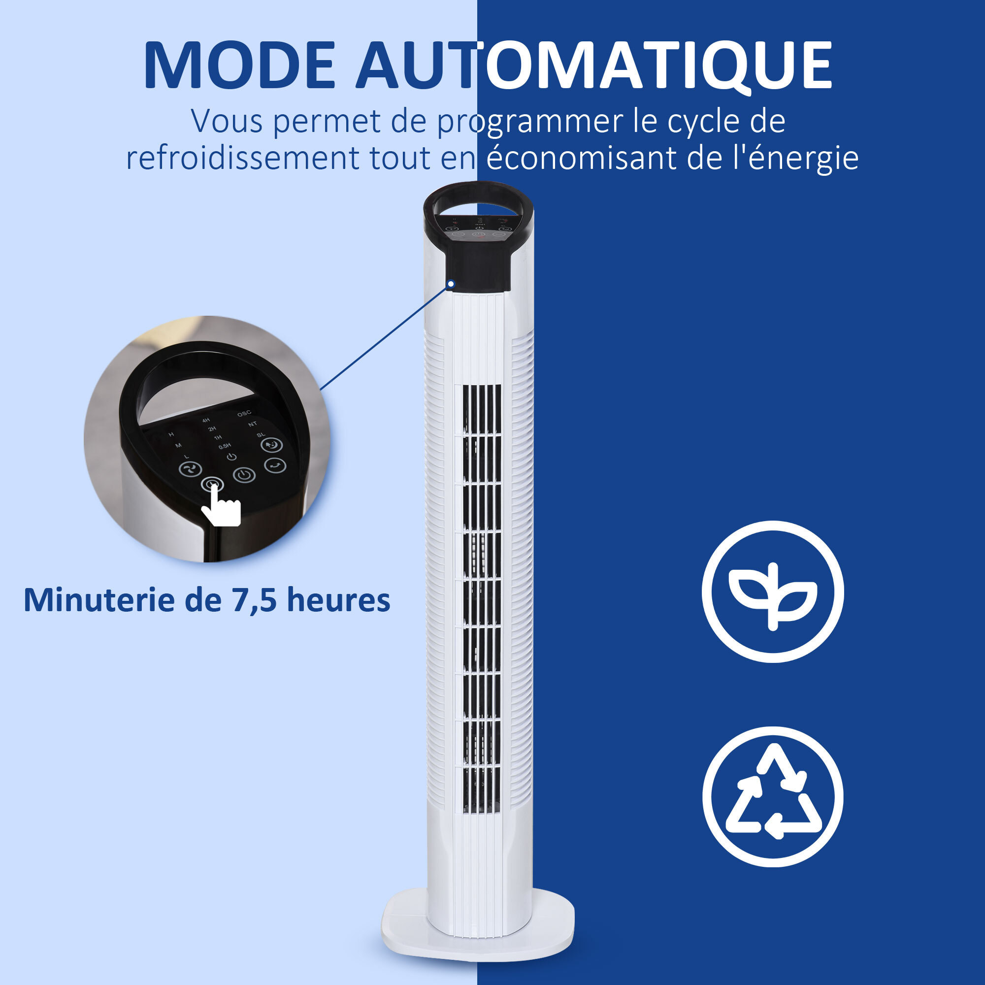 HOMCOM Ventilateur colonne tour oscillant 50 W silencieux télécommande incluse minuterie 3 modes 3 vitesses blanc noir