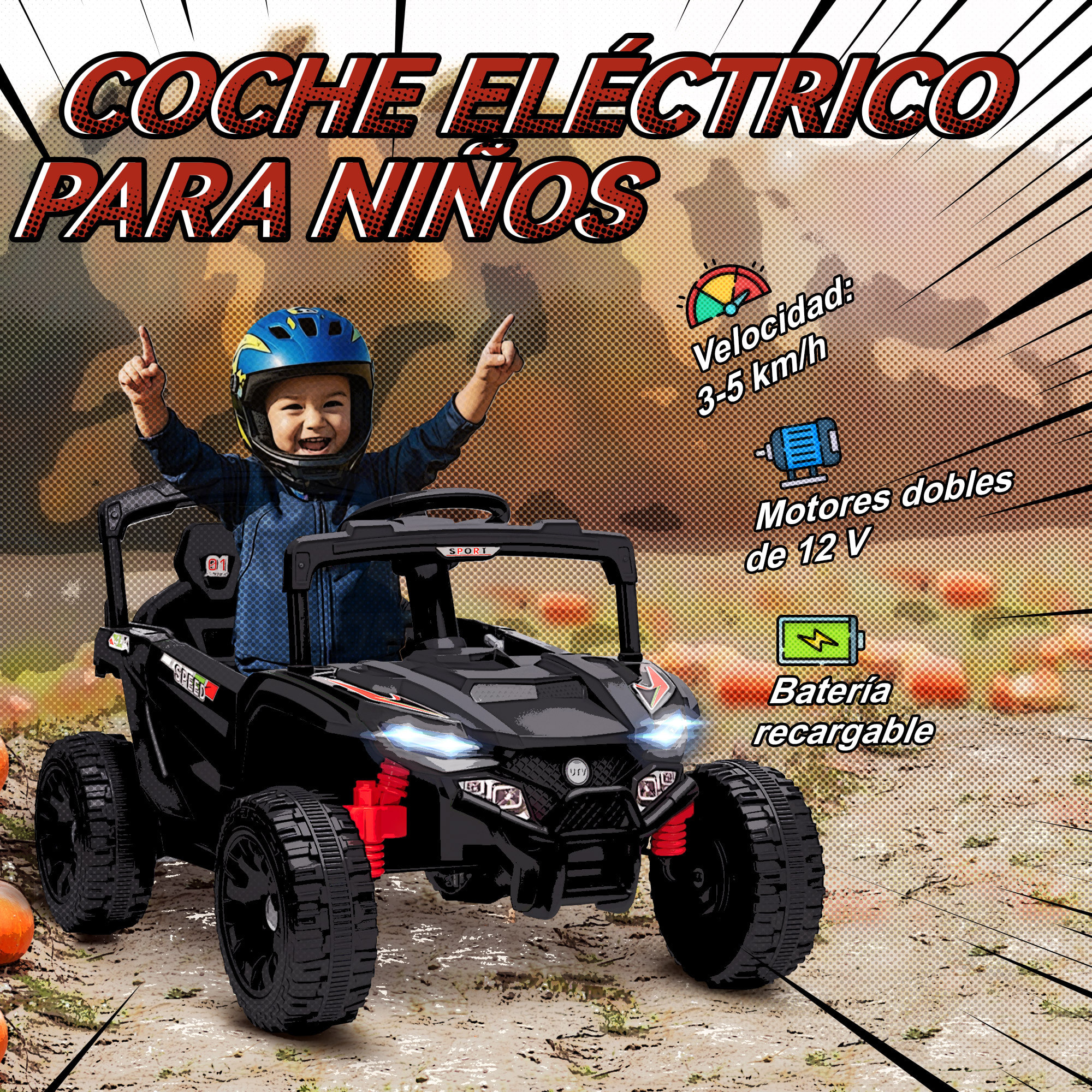 Coche Eléctrico para Niños 12V, Coche de Batería UTV con 2 Motores, Control Remoto 2,4G, 3-5 km/h, Suspensión Trasera, Faros, Música, para Niños de 3-5 Años, Negro