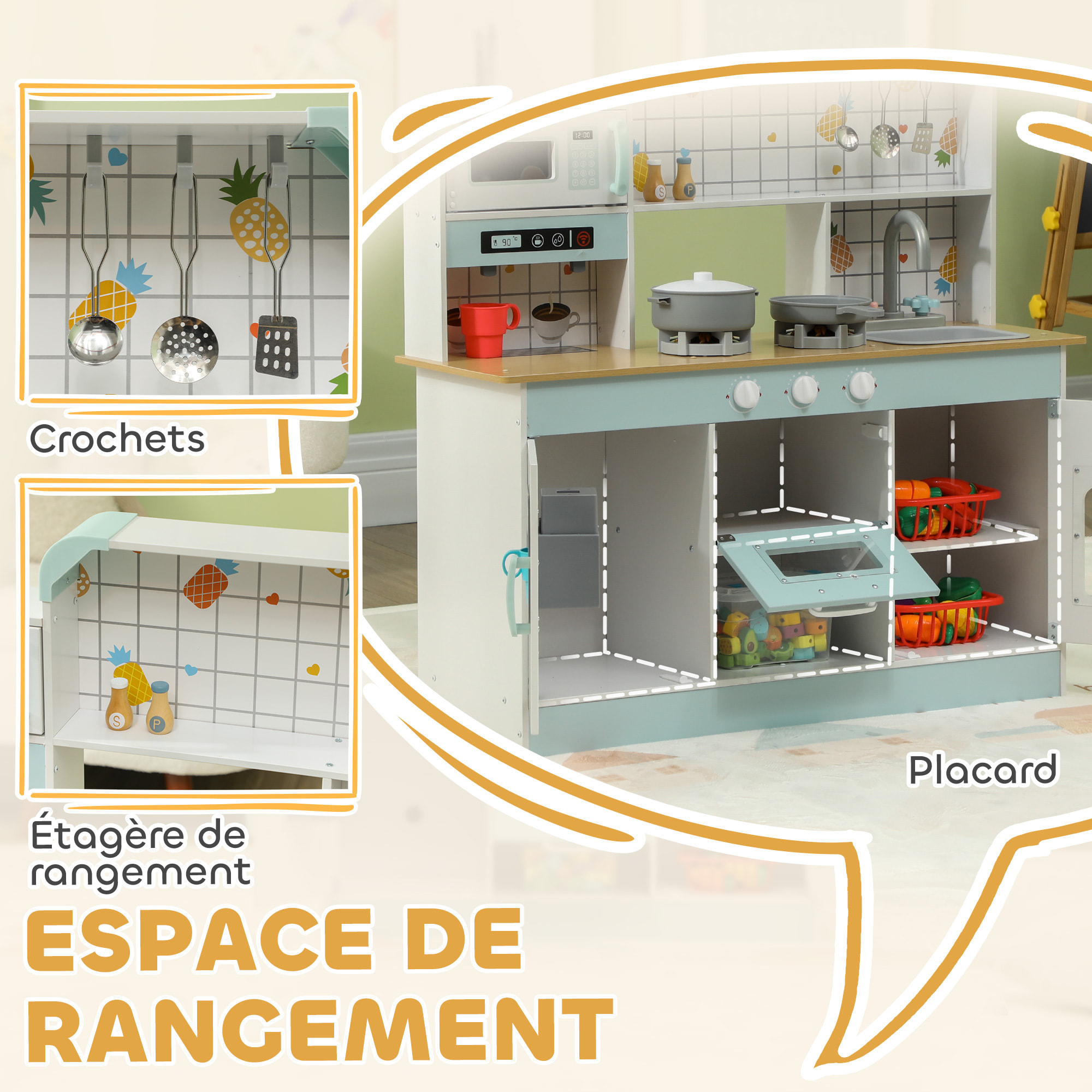 Cuisine en bois enfant effets sonores & lumineux micro-ondes lave-vaisselle four nombreux rangements accessoires