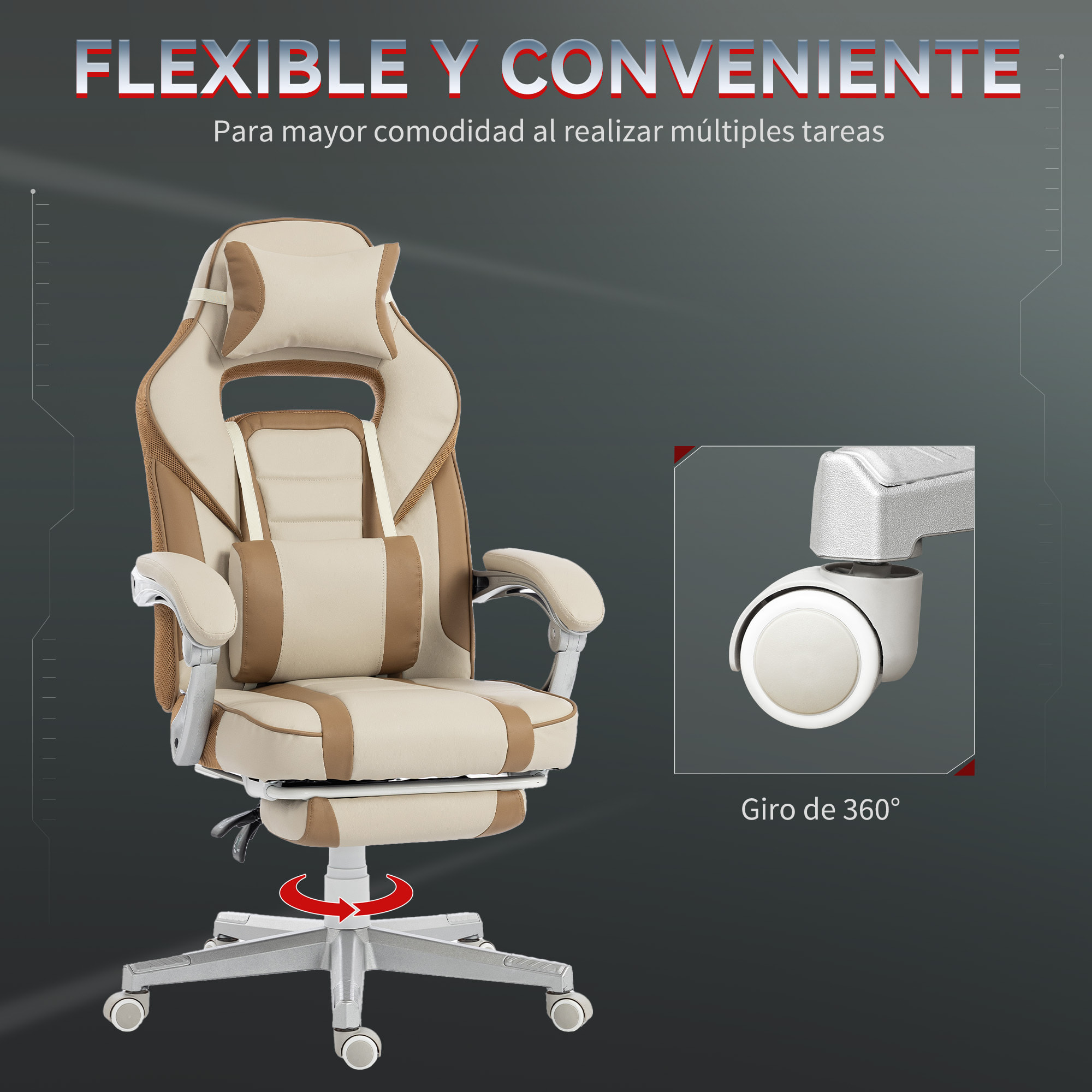 Silla Gaming, Silla Gamer Reclinable, con Altura Ajustable, Reposapiés Retráctil, Soporte Lumbar y Reposacabezas Desmontable, para Oficina, Estudio, Crema