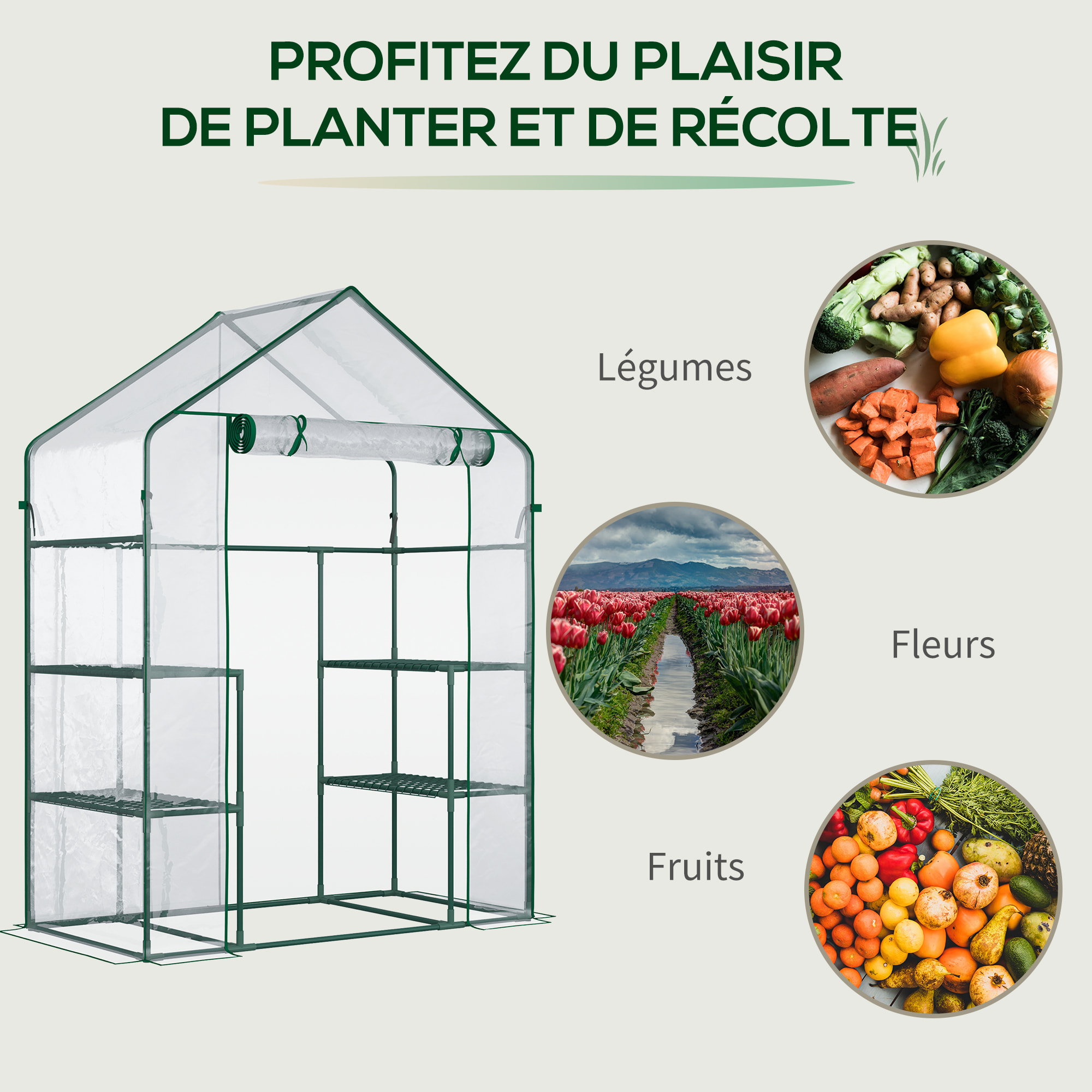 Serre de jardin 6 étagères - dim. 142L x 73l x 195H cm - porte - acier thermolaqué PVC haute densité anti-UV - transparent vert