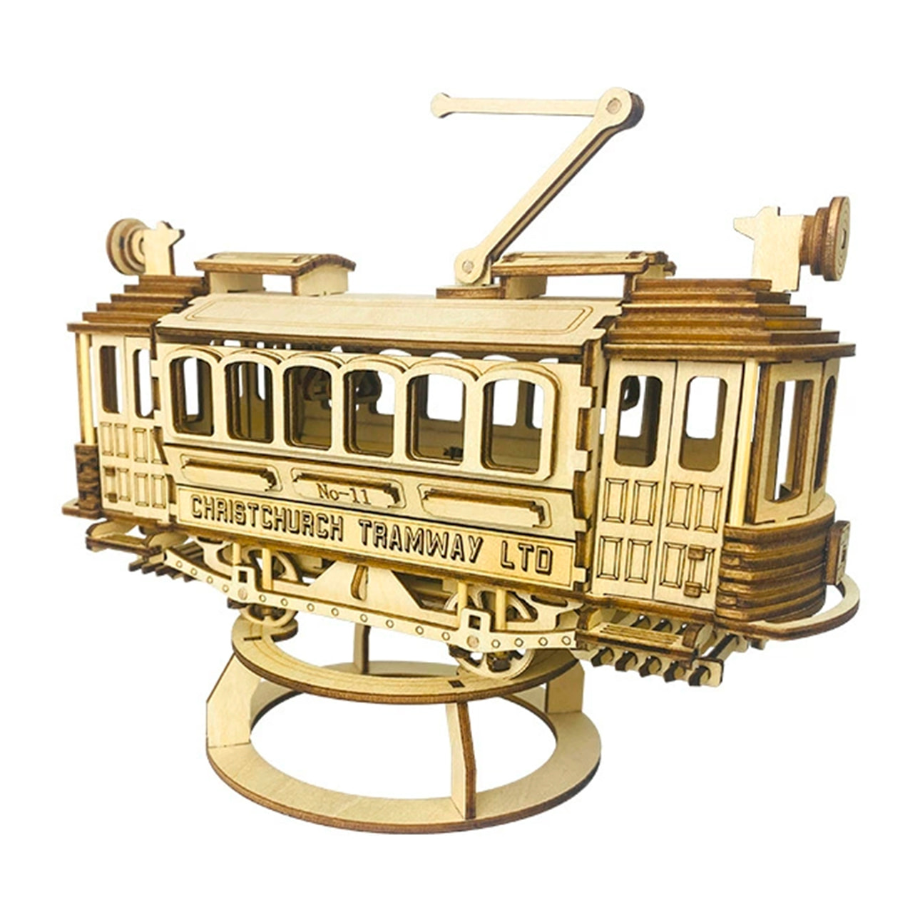 Maqueta de Madera 3D, con movimiento mecánico diseño de Tranvía Antiguo. 179 piezas.