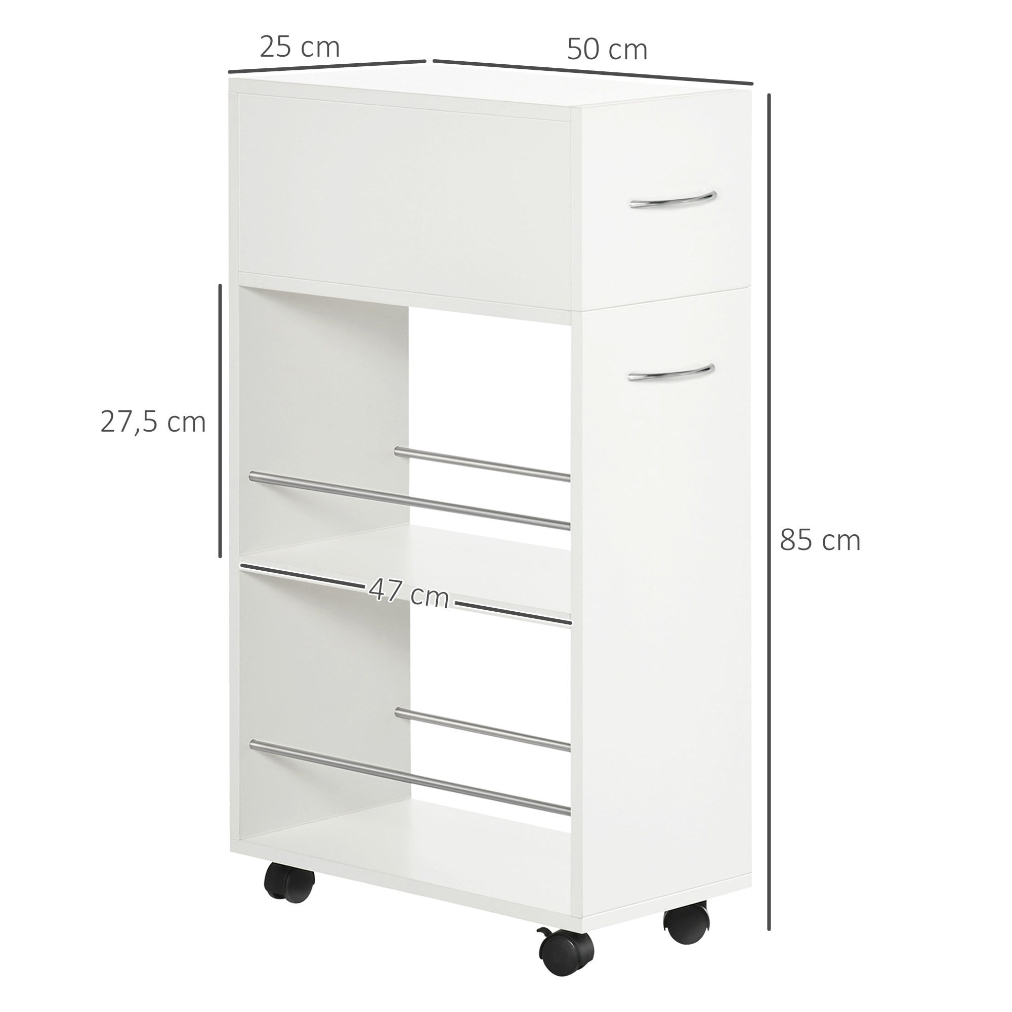 Chariot desserte de cuisine - tiroir, 2 étagères - dim. 25L x 50l x 85H cm - panneaux acier blanc