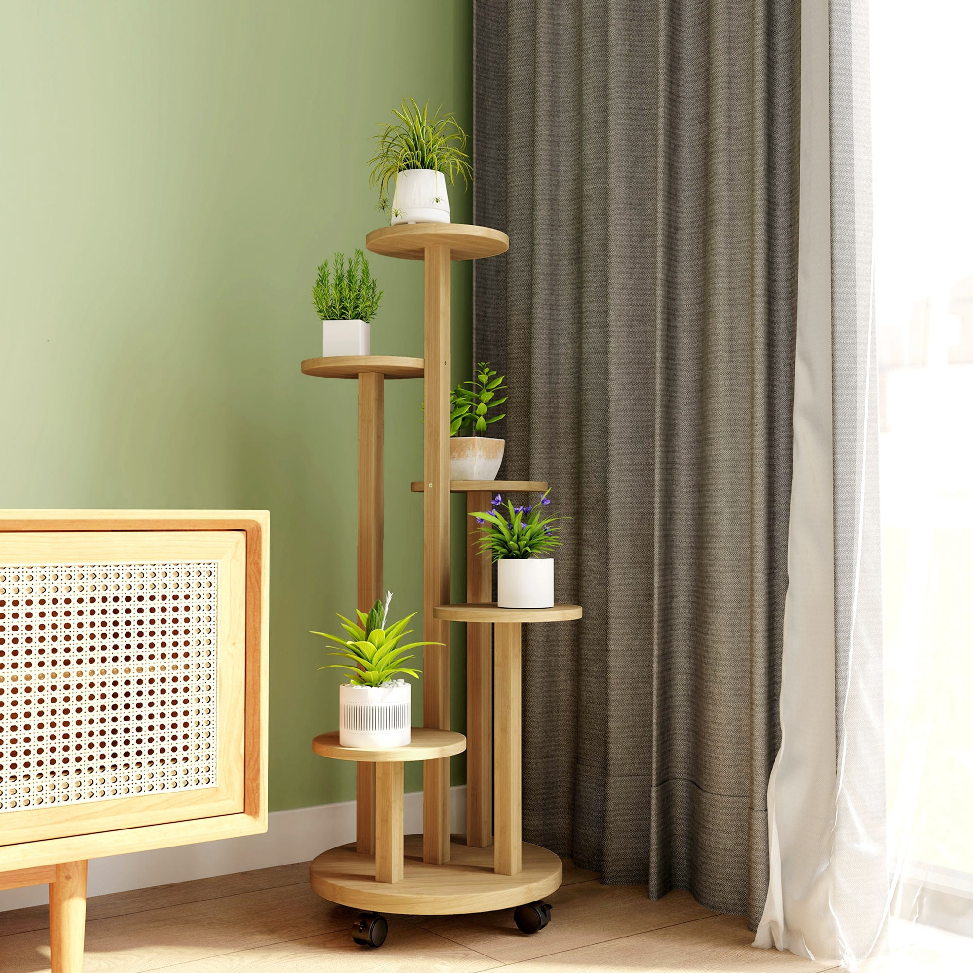 Soporte para Plantas de Bambú con Ruedas de 5 Niveles, Estantería Redonda para Plantas para Esquina, Soporte para Macetas, Interior y Exterior, 33x33x90 cm, Natural