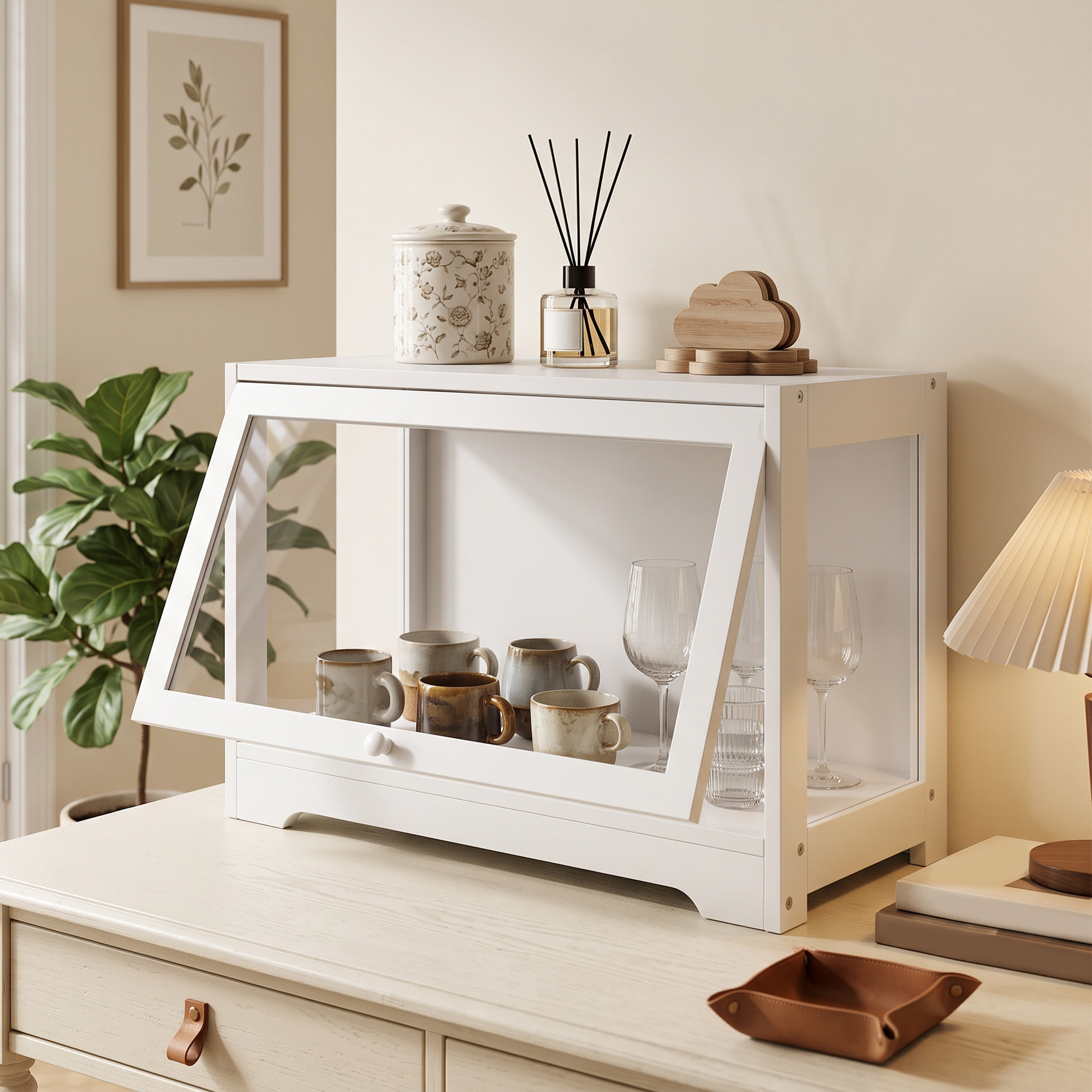 Vitrina Expositora para Colecciones, Vitrina con Puerta Abatible de Acrílico, Anti-vuelco, Armario Auxiliar para Perfumes, Figuras de Decoración, 59x30x40 cm, Blanco