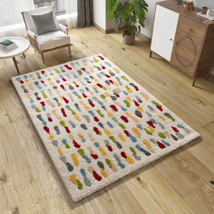 BREMEN Alfombra shaggy geométrica en blanco y motivos multicolor, varias medidas disponibles