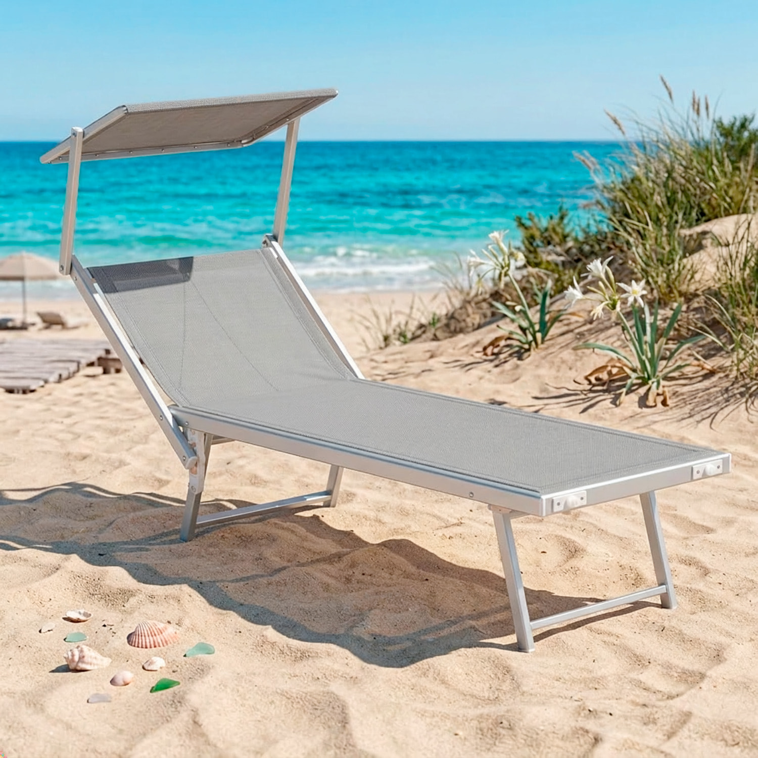 Lettino Prendisole Pieghevole Professionale in Alluminio e Tessuto Textilene Tettuccio Orientabile Parasole Sdraio Mare Spiaggia 182x60x38 cm Grigio