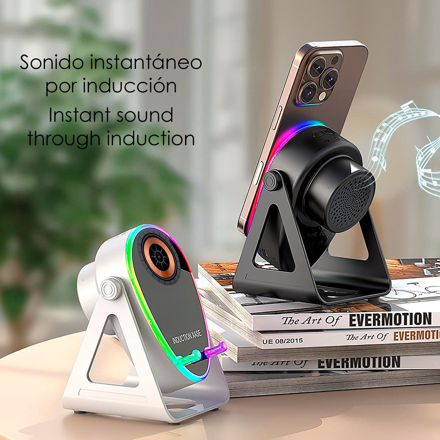 Altoparlante H68 con tecnologia di induzione intelligente che amplifica il suono posizionando il mobile sopra. Con Bluetooth, ricarica wireless da 15W e luci LED multicolori.