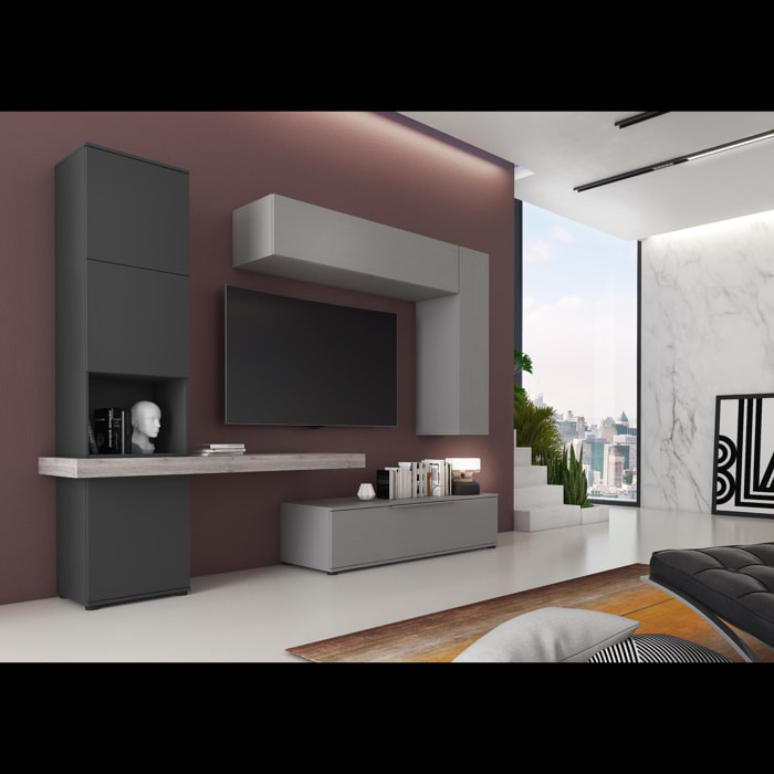 Parete Attrezzata Mobile Mobile Soggiorno TV Mensola Modulo Sospeso Salotto Base Televisione Sala Pranzo 278 x 207 x 50 cm Grafite e Grigio Cemento