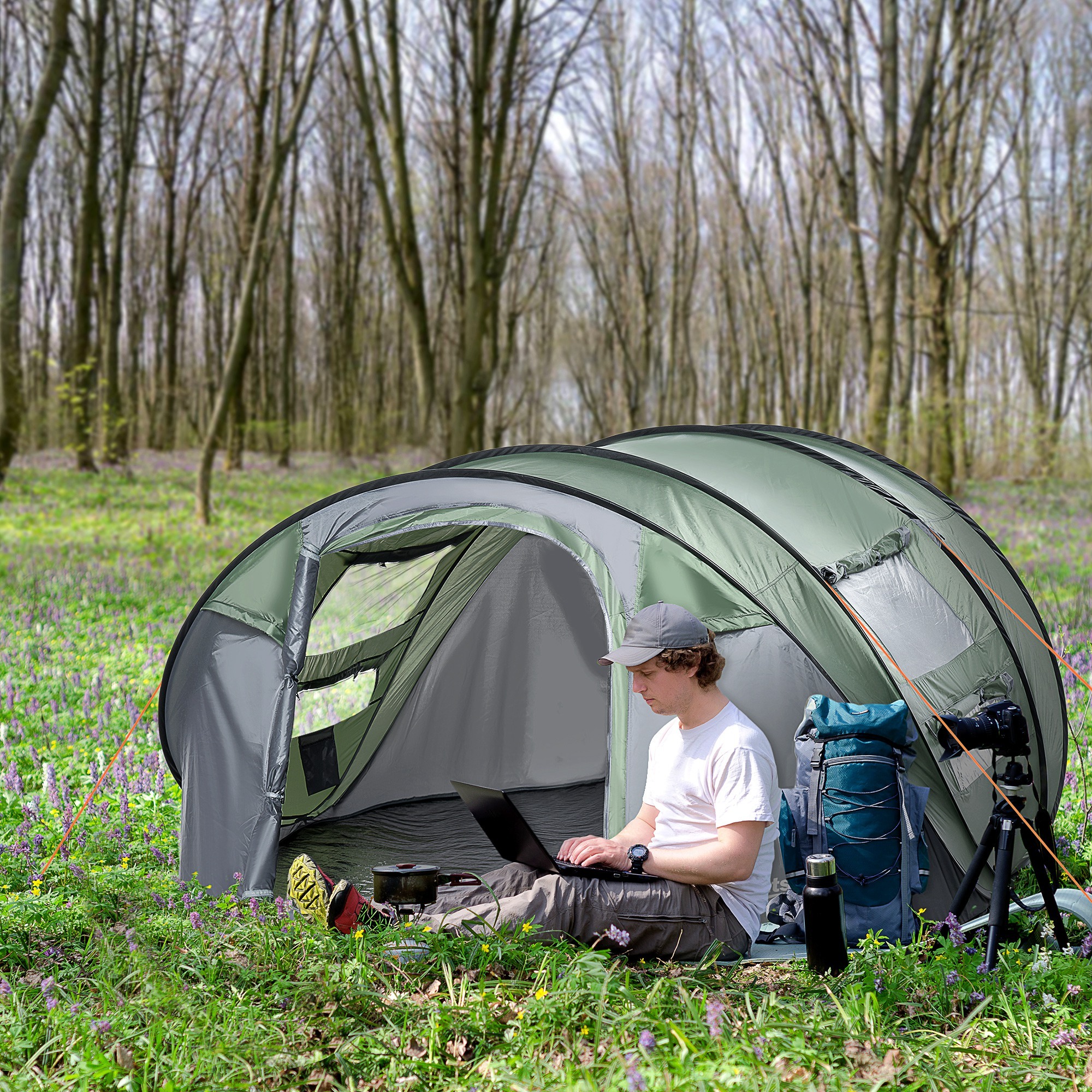 Tienda de Campaña Pop up para 4-5 Personas Tienda de Camping Instantánea con Ventanas Bolsillos y Bolsa de Transporte Impermeable Anti-UV 263,5x220x123 cm Verde y Gris
