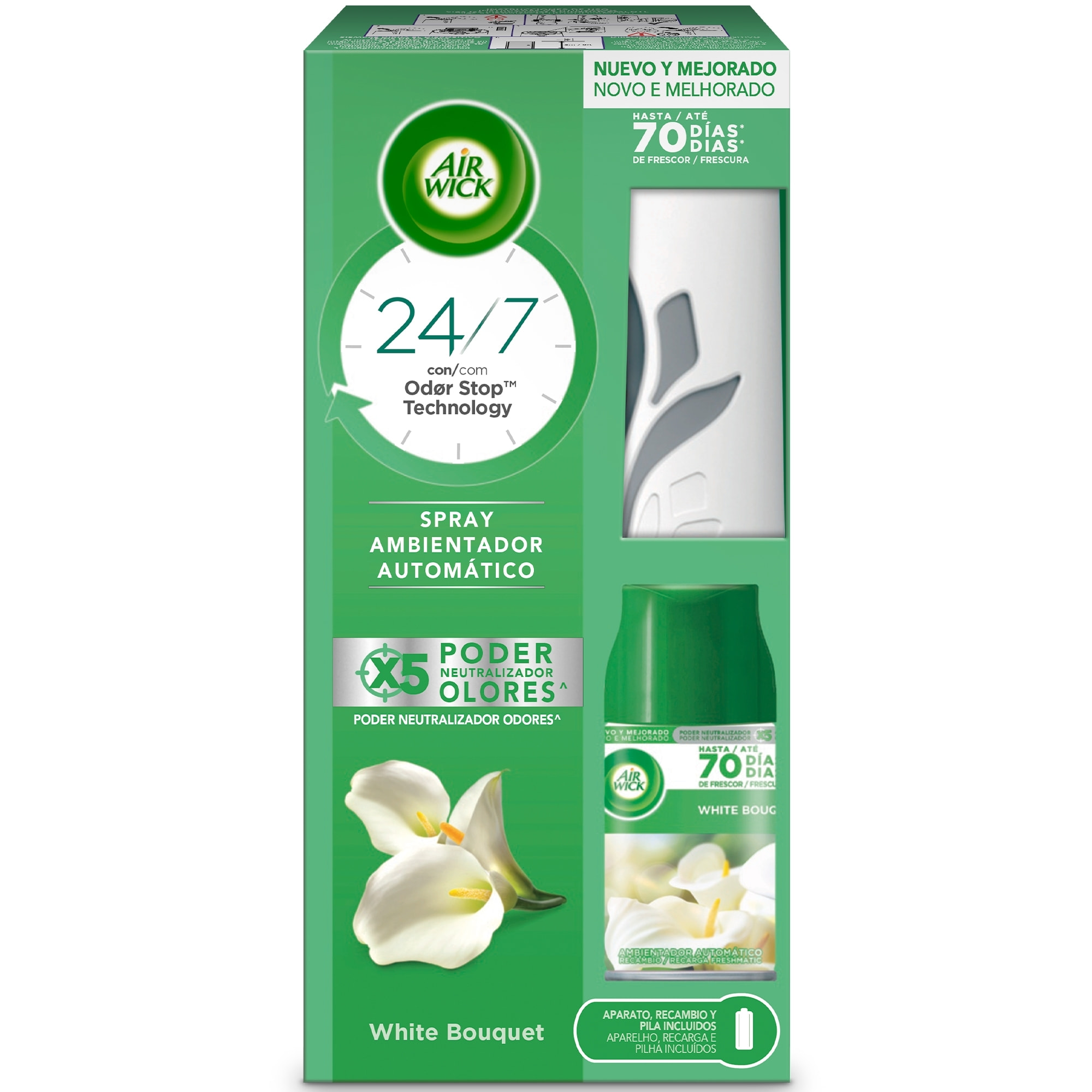 Air Wick Freshmatic - Aparato y Recambio de Ambientador Spray Automático, Esencia para Casa con Aroma a White Bouquet - 1 aparato + 1 recambio