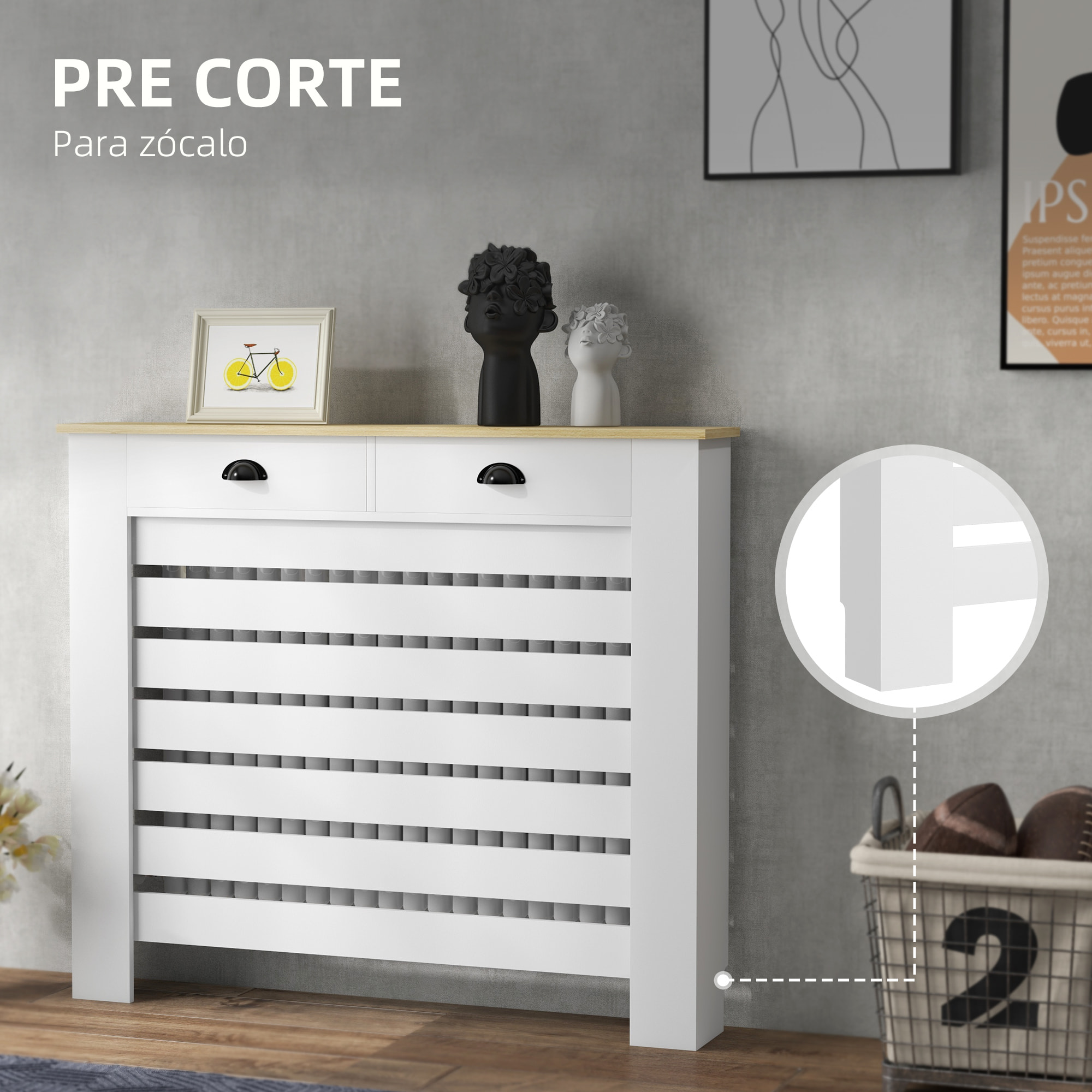 Cubre Radiadores con Cajón, Cubreradiador de MDF, Cubierta para Radiador, Diseño Moderno de Listones, para Salón, Dormitorio, 111x19x95,5 cm, Blanco