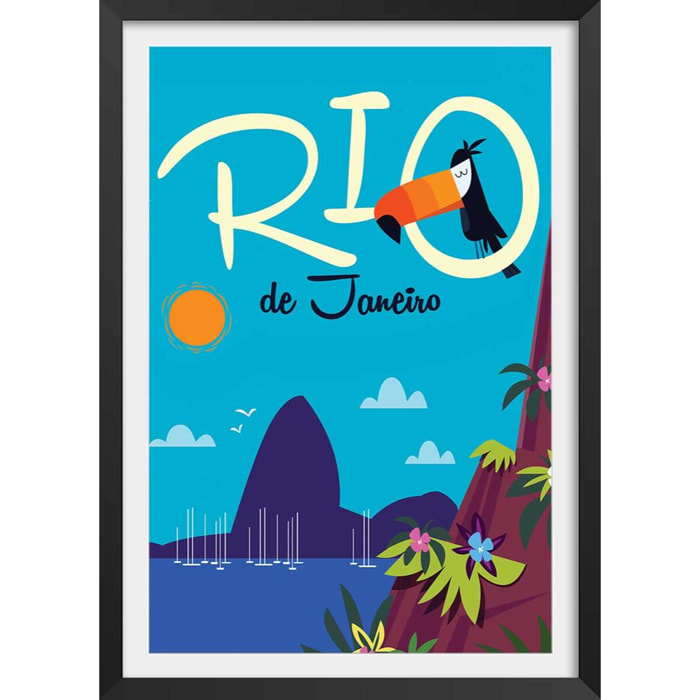 Affiche Toucan à Rio De Janeiro Affiche + cadre en bois - Noir