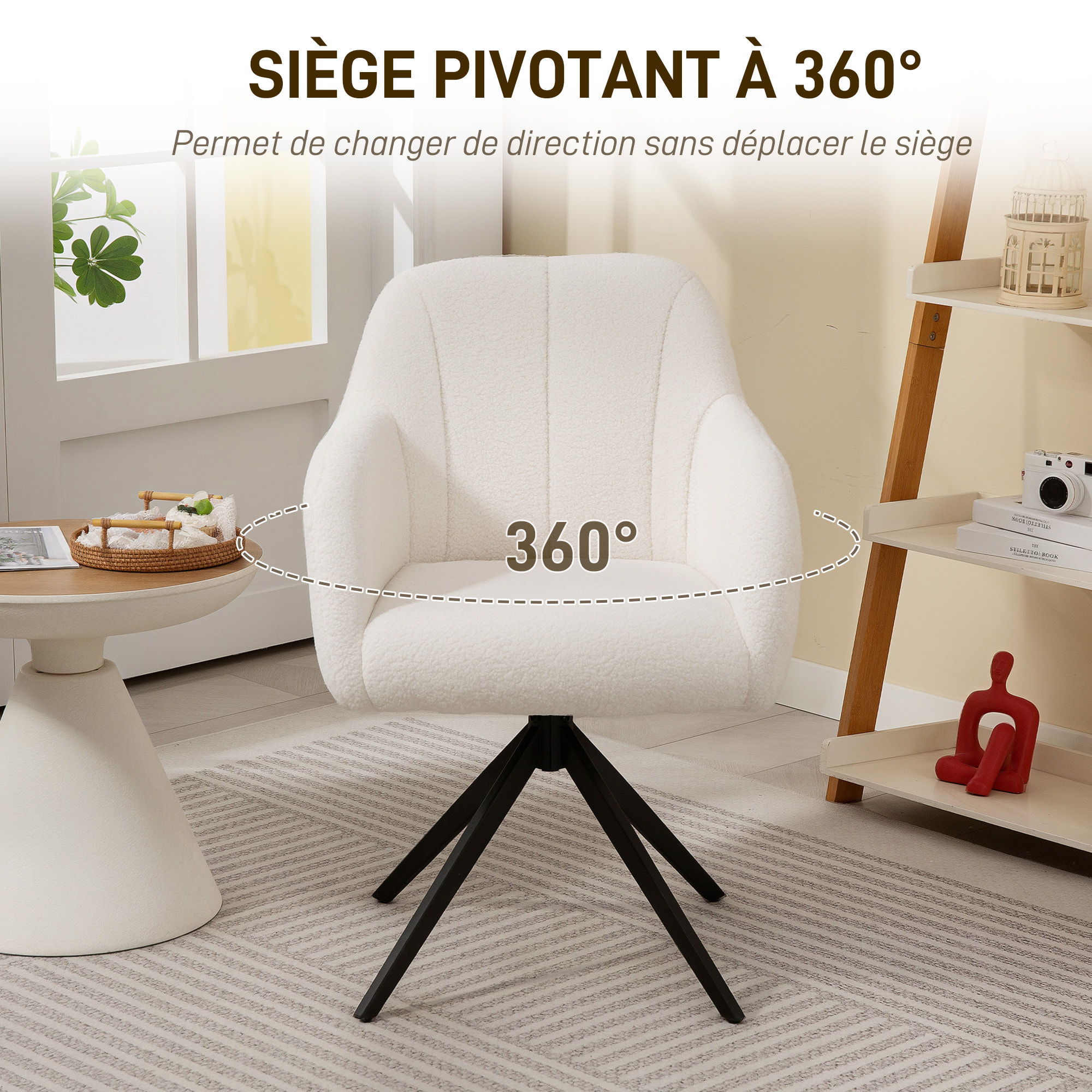Fauteuil design piètement acier noir 4 branches effet laine bouclée blanc