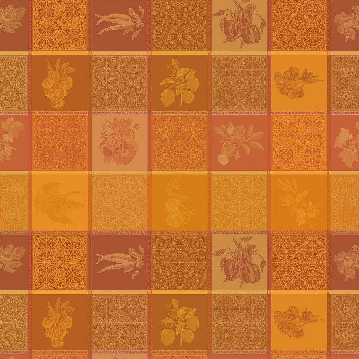 Nappe pur coton enduit motif jacquard jaune orange Mille tutti frutti ocre