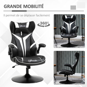 Fauteuil gaming base ronde métal pivotante 360° hauteur réglable tétière accoudoirs relevables PVC blanc noir