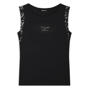 T-shirt senza maniche con dettagli dorati e animalier