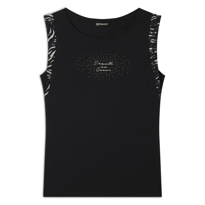 T-shirt senza maniche con dettagli dorati e animalier