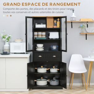 Armoire de cuisine buffet haut 4 portes grand tiroir coulissant dim. 76L x 40l x 182H cm panneaux noir verre