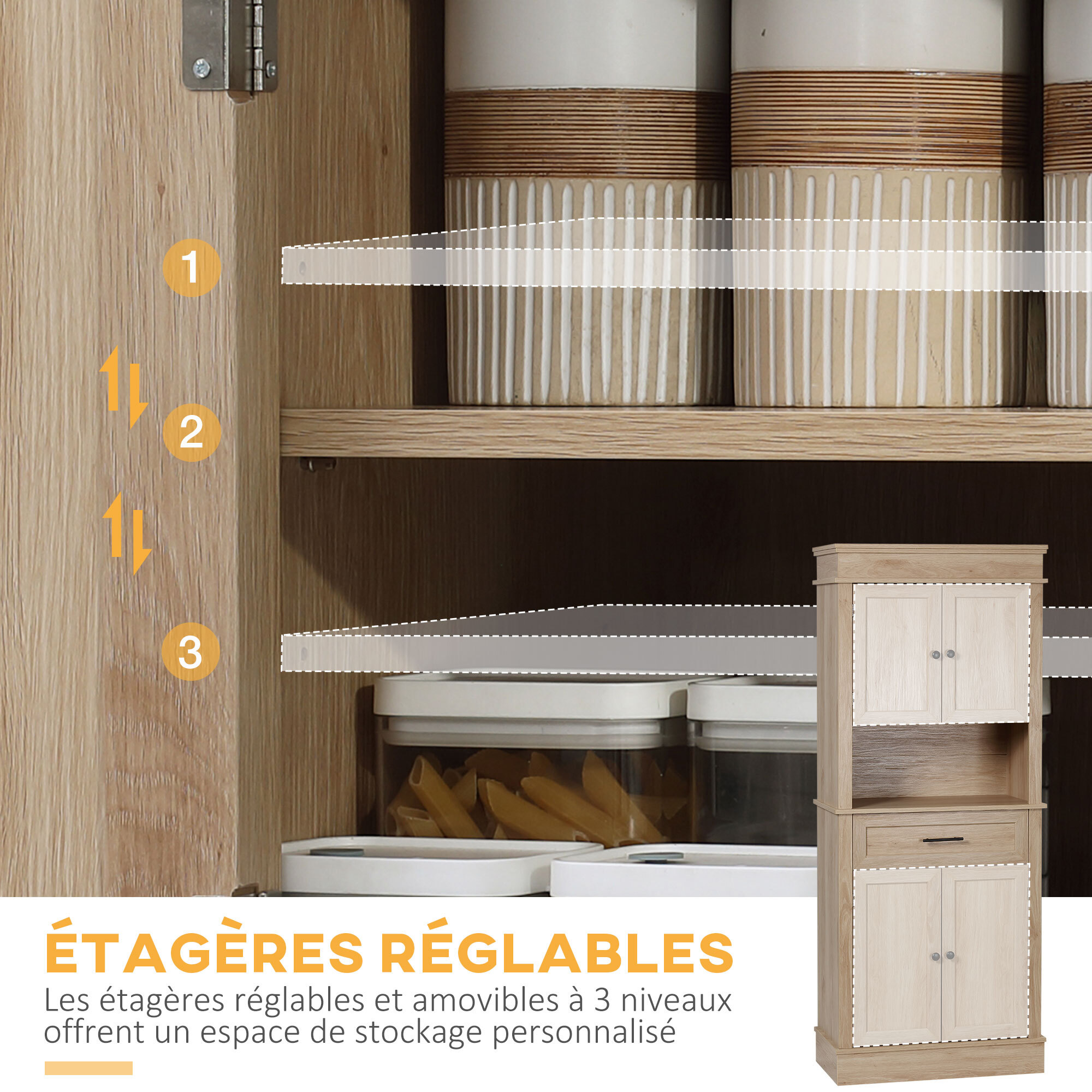 Buffet haut armoire de cuisine multi-rangement 2 placards 2 portes tiroir niche MDF panneaux aspect chêne clair