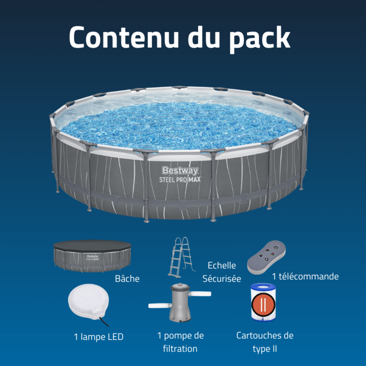 Bestway Piscine hors sol tubulaire ronde Bestway Steel Pro Max 457 x 107 cm gris clair avec LED