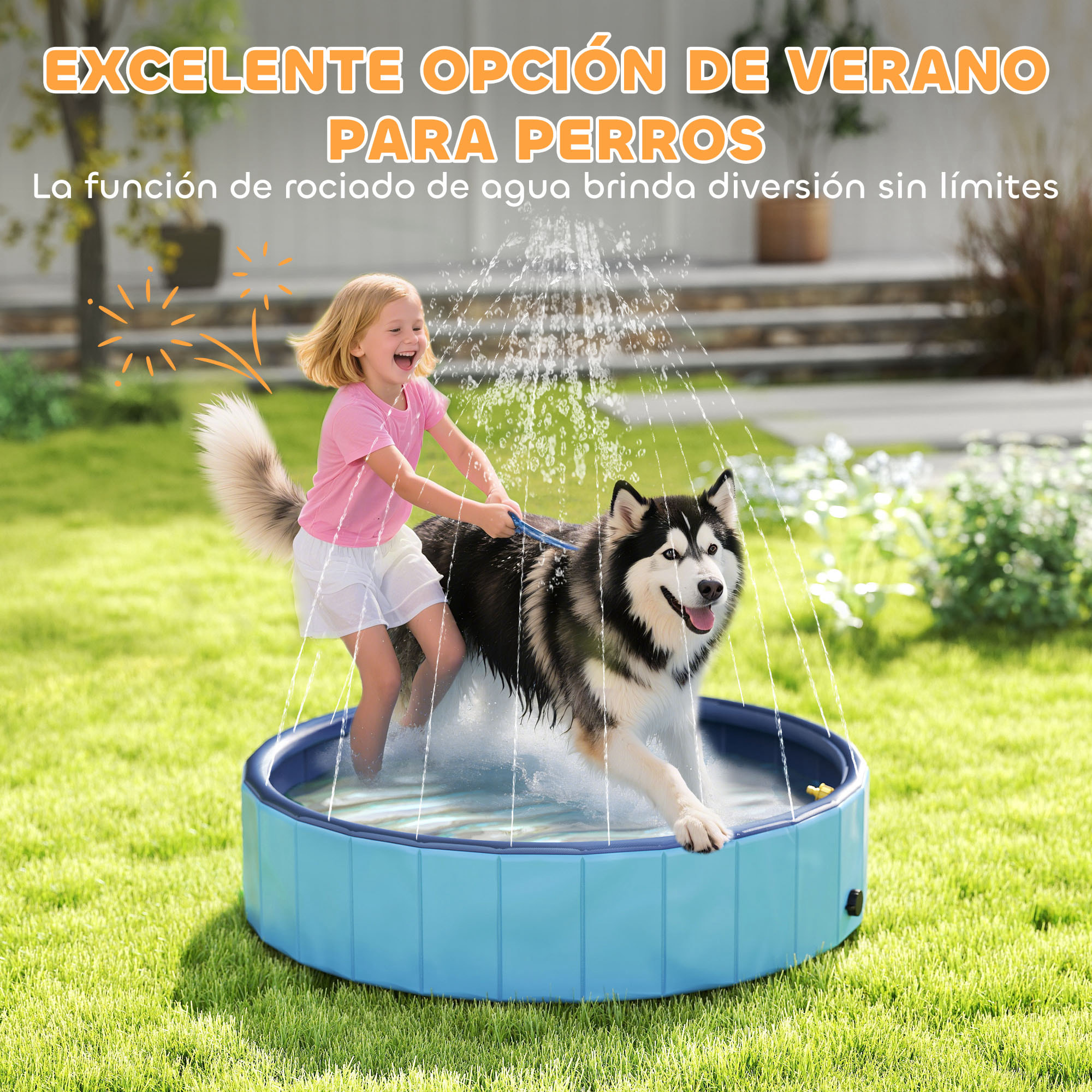Piscina para Perros Plegable con Aspersor Bañera Portátil para Mascotas Grandes de PVC Antideslizante y Resistente al Desgaste para Interiores y Exteriores Ø120x30 cm Azul Claro