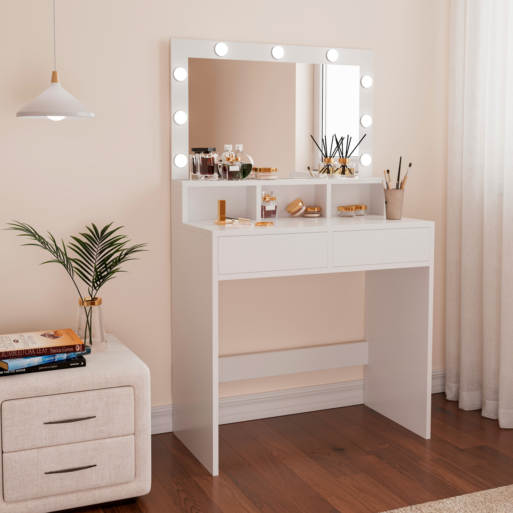 Toeletta Tavolino Da Trucco Tavolo Con 9 Luci LED Con Luminosità Regolabile 2 Cassetti 3 Scomparti A Giorno Specchio Make Up 40x80x140 Cm Bianco