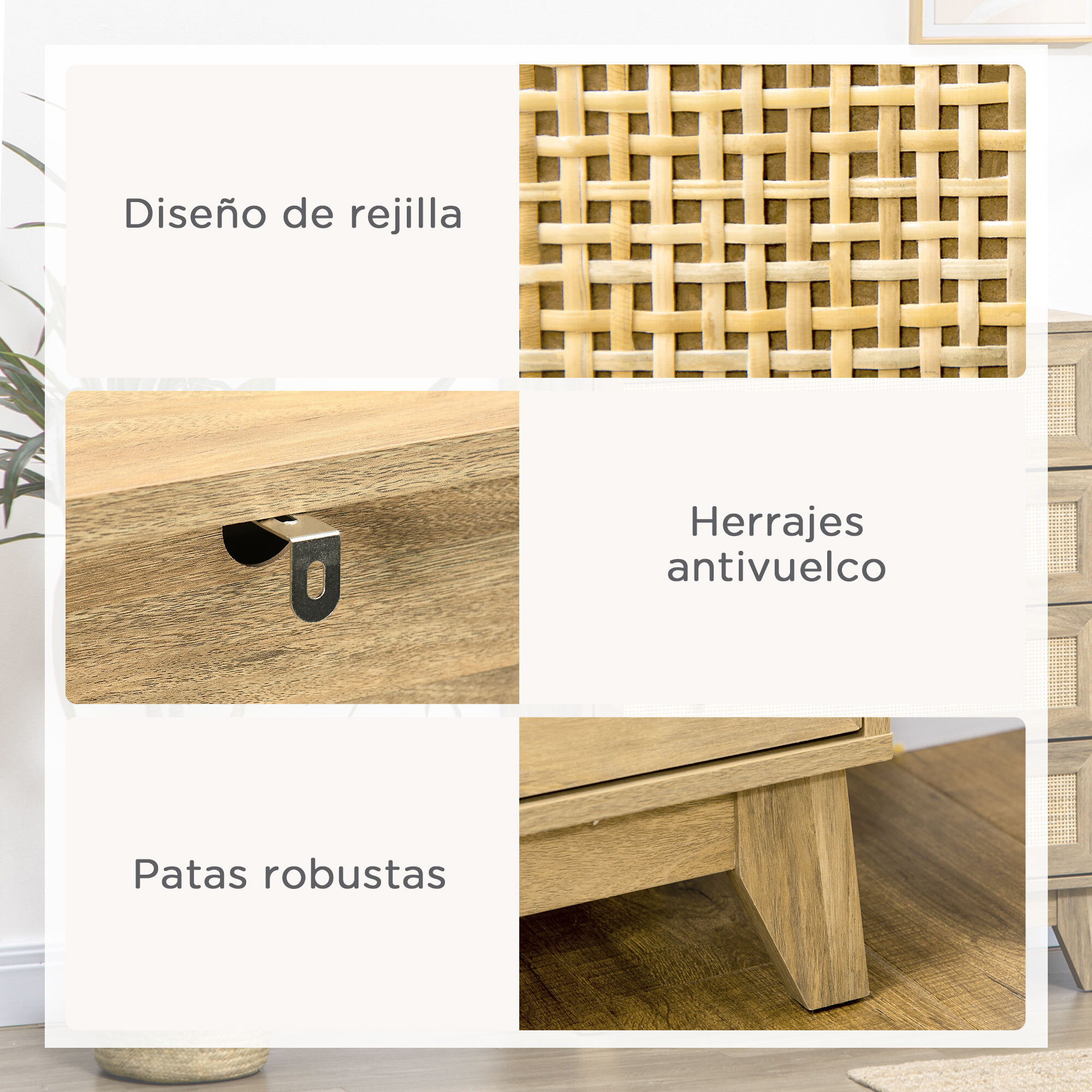 Cómoda con 4 Cajones Cajonera de Madera Cómoda de Noche con Puertas de Ratán y Patas Elevadas para Salón Dormitorio Oficina 80x35x95 cm Natural