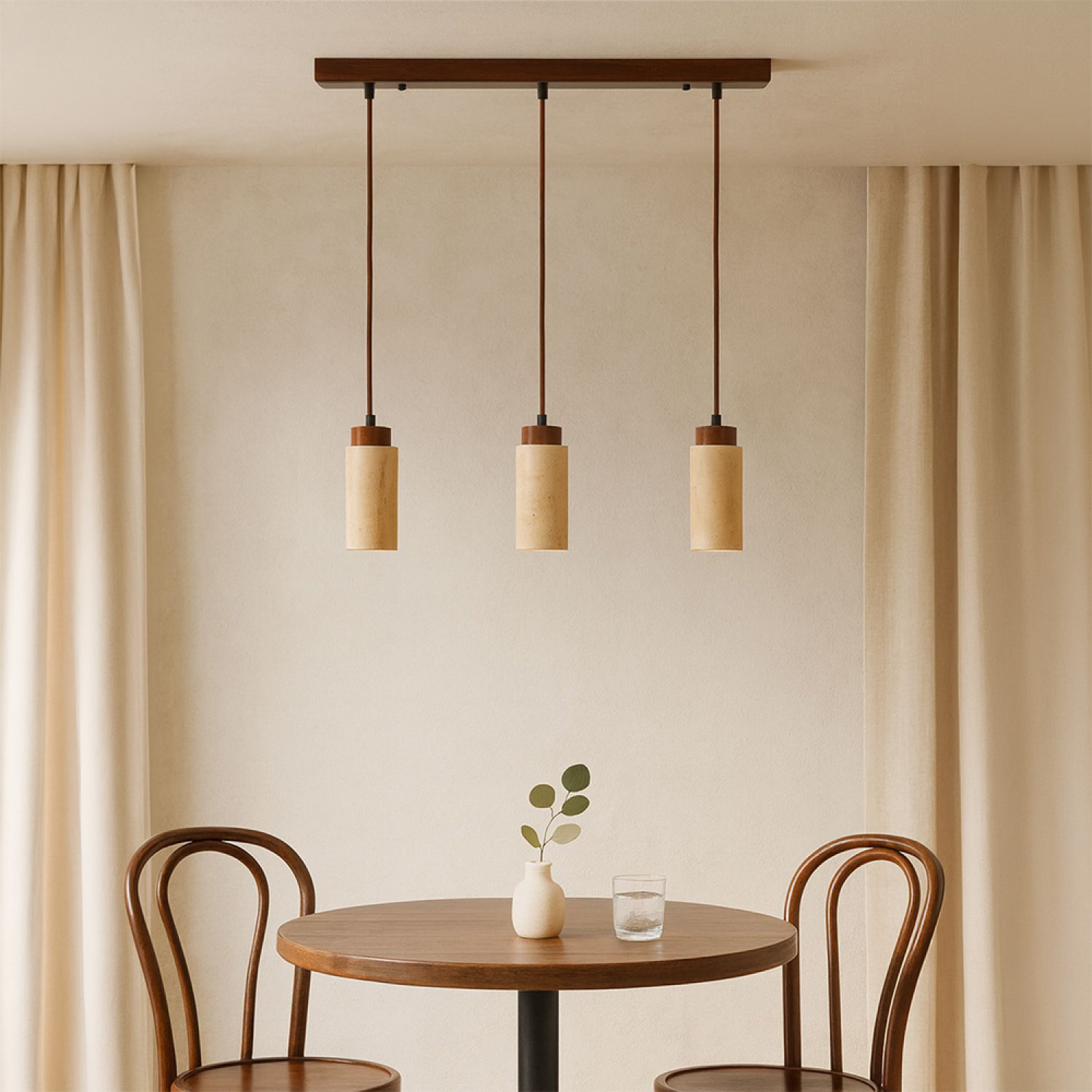 Suspension design 3 spots en travertin et effet bois TIVOLI
