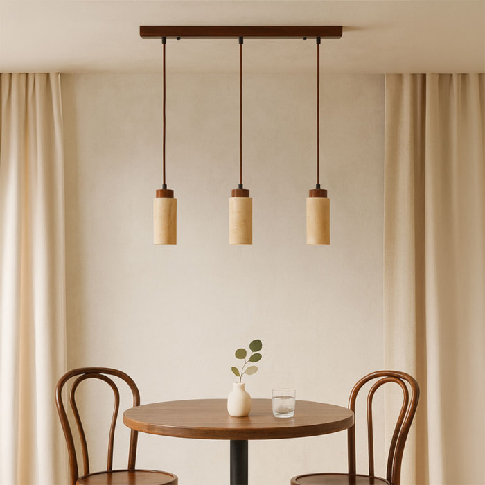 Suspension design 3 spots en travertin et effet bois TIVOLI