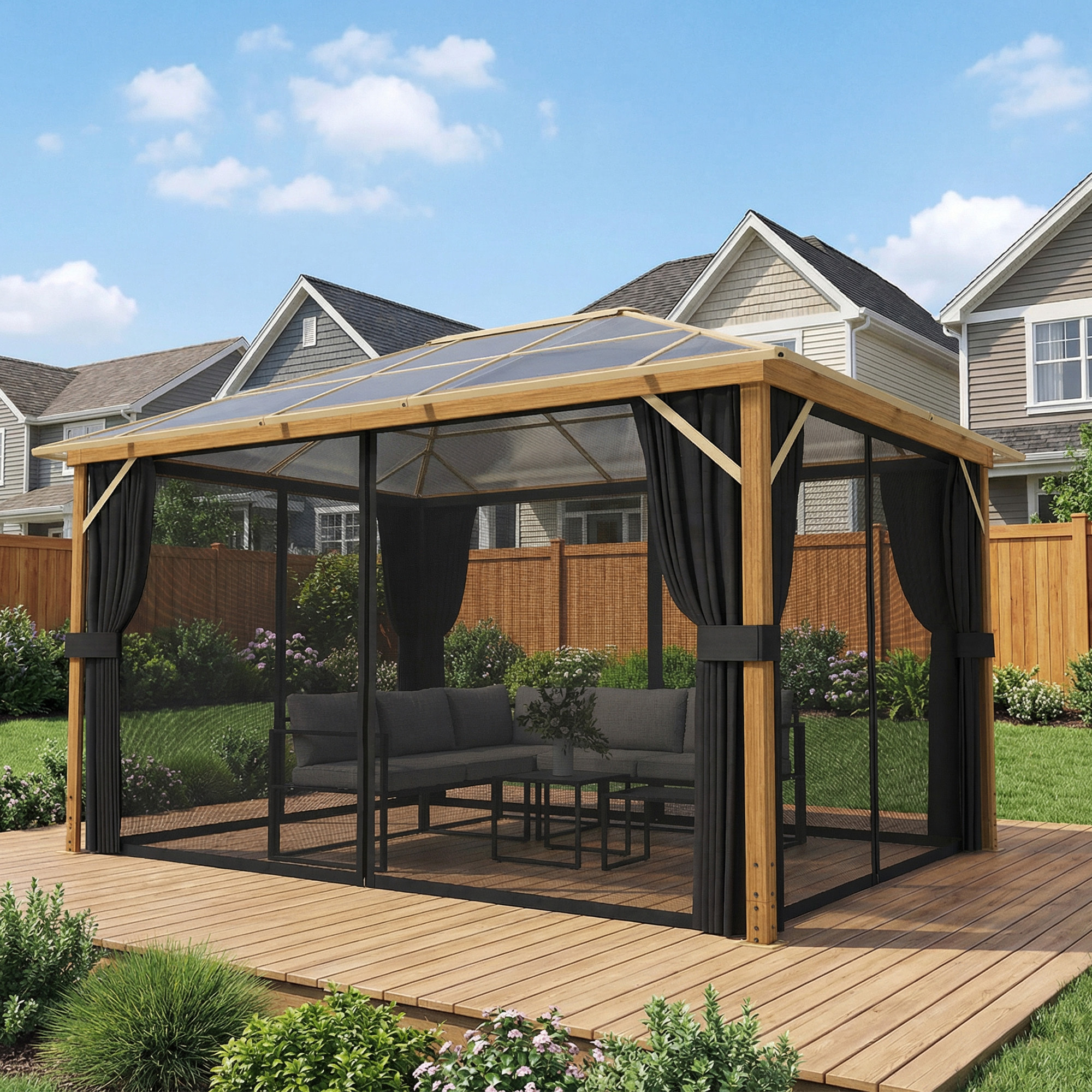 Pergola pavillon de jardin alu effet bois toit polycarbonate 3 x 4 m rideaux moustiquaires inclus