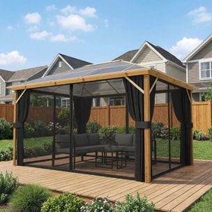 Pergola pavillon de jardin alu effet bois toit polycarbonate 3 x 4 m rideaux moustiquaires inclus