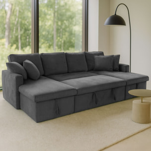 ELLA Canapé panoramique convertible avec coffres 4 places en velours côtelé gris