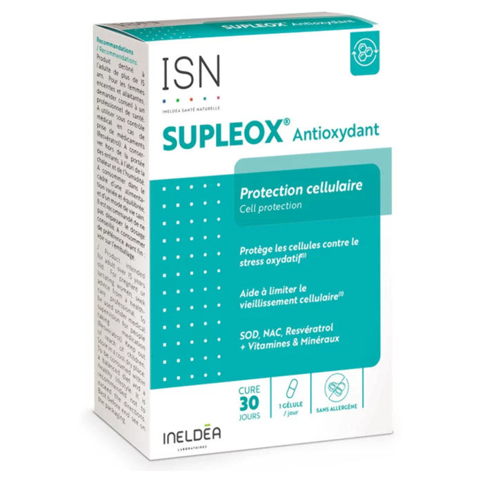 ISN - Supleox® Antioxydant - A base de Resvératrol, NAC, SOD, vitamines C & E - Aide à protéger les cellules contre le stress oxydatif - Cure 30 jours