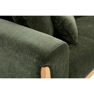 Canapé scandinave 3 places en tissu effet velours vert kaki et bois clair FJORD