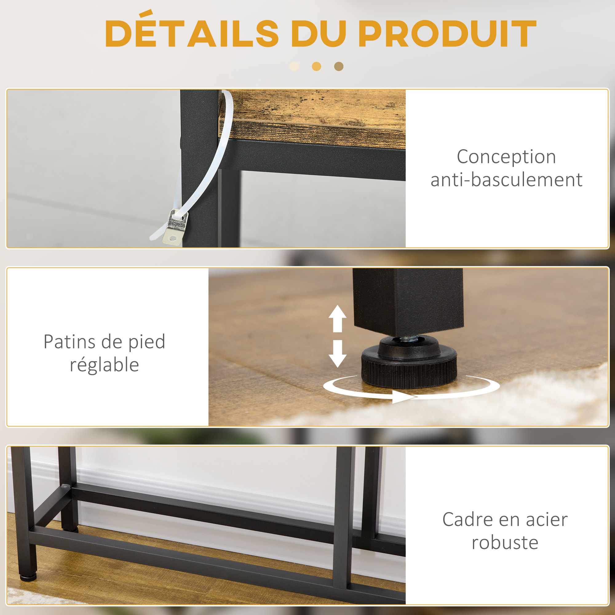 Console design industriel 2 étagères acier noir panneaux aspect bois vieilli